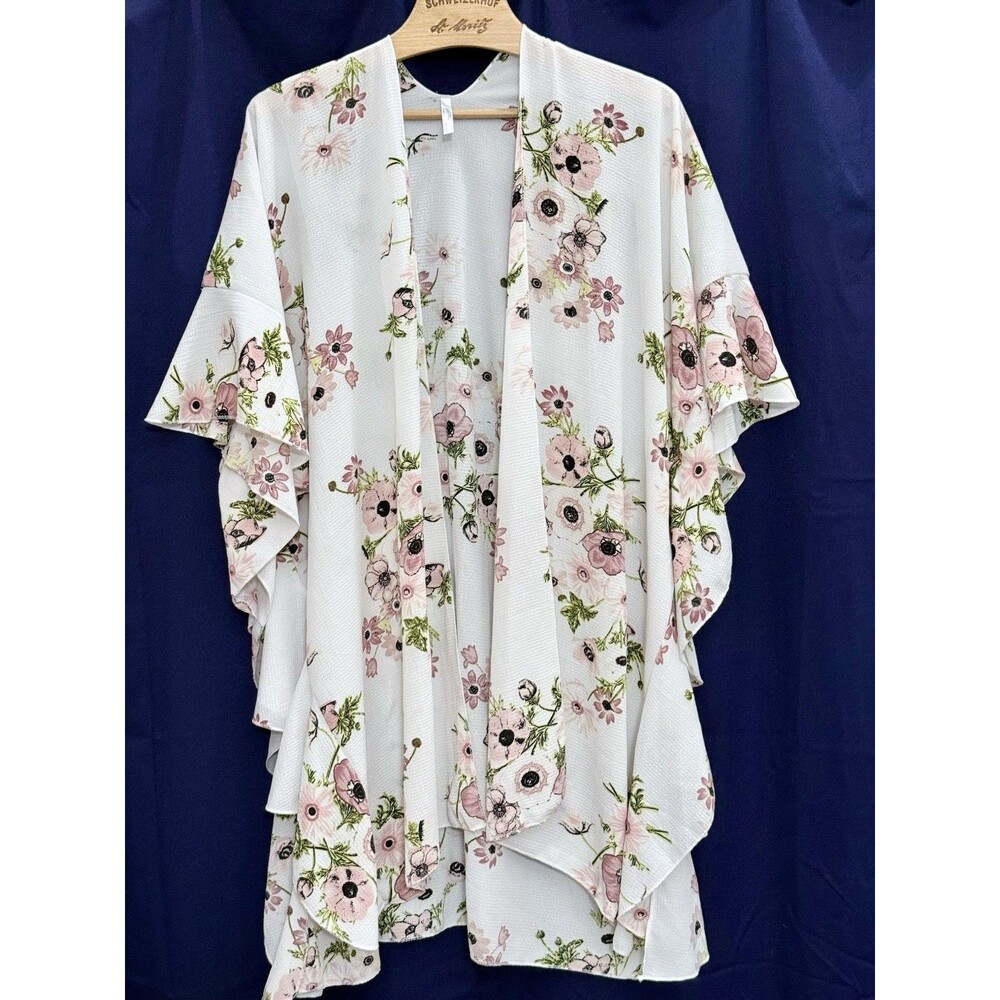 EUC Jack & Missy Floral Ruffled Kimono Cardigan Duster Lagenlook Wedding Spring